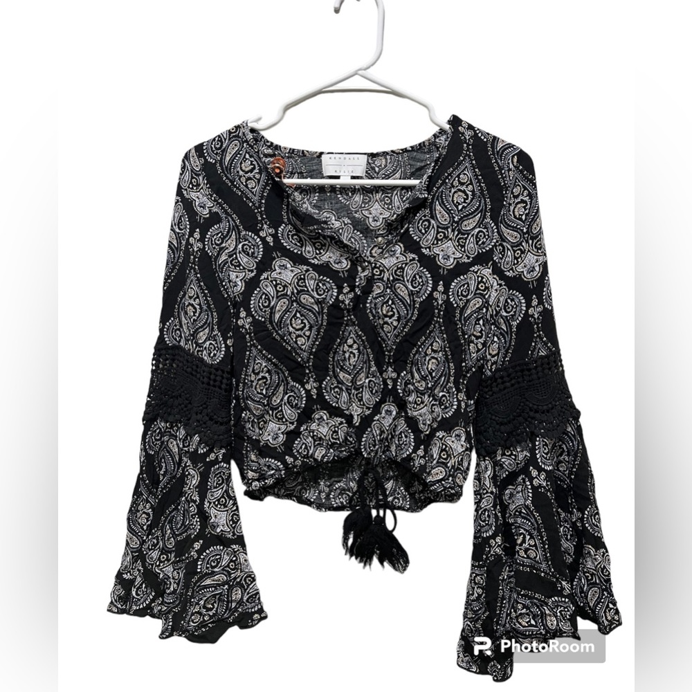 Kendal + Kylie Paisley print Boho Bell Sleeve Crochet Crop Top